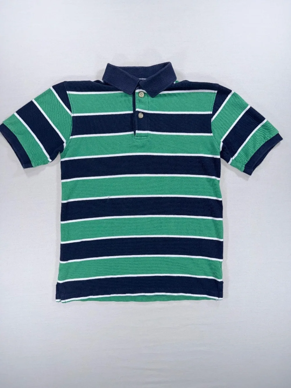 The Children's Place Boys Striped Polo Shirt Medium 7/8 Navy Green White